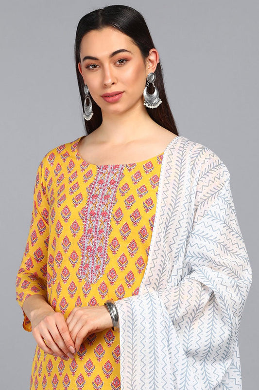 Ahika Mustard Polyester Straight Kurta Pant With Dupatta