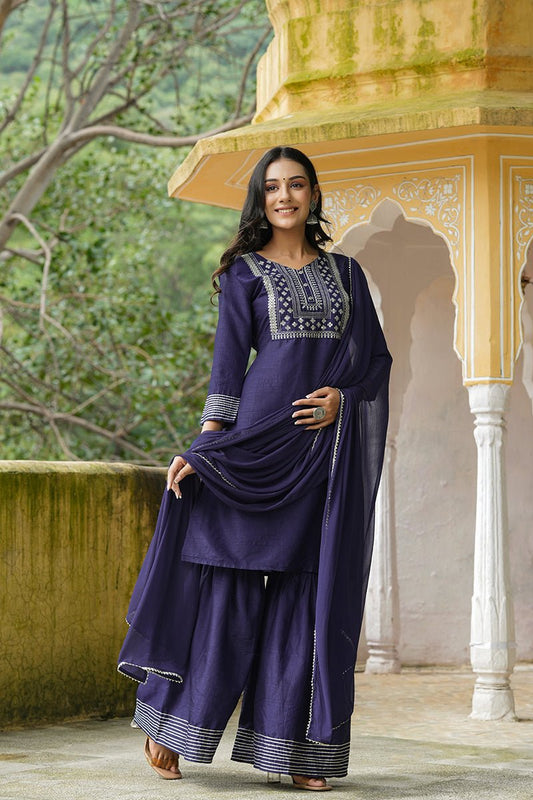 Ahika Navy Blue Poly Silk Straight Sharara Suit Set