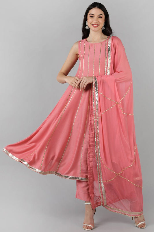 Ahika Pink Poly Silk Gotta Patti Anarkali Suit Set