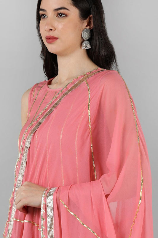 Ahika Pink Poly Silk Gotta Patti Anarkali Suit Set