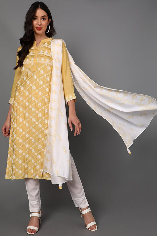 Ahika Yellow Poly Silk Ethnic Motifs Straight Suit Set