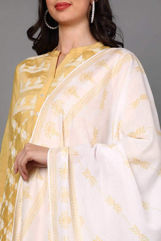 Ahika Yellow Poly Silk Ethnic Motifs Straight Suit Set