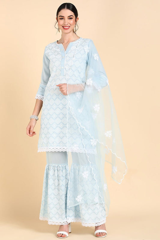 Ahika Blue Poly Silk Embroidered Sharara Suit Set