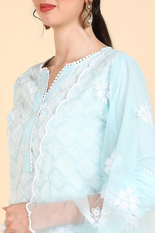 Ahika Blue Poly Silk Embroidered Sharara Suit Set