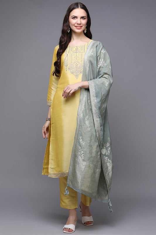 Ahika Yellow Poly Silk Floral Straight Suit Set