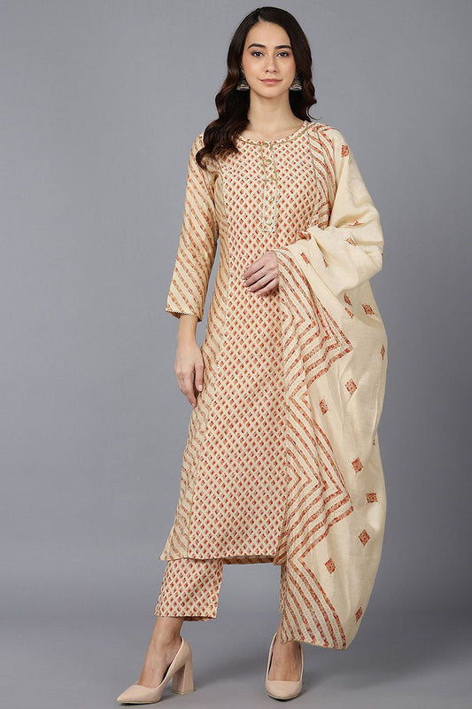 Ahika Cream Poly Silk Straight kurta Pant With Dupatta