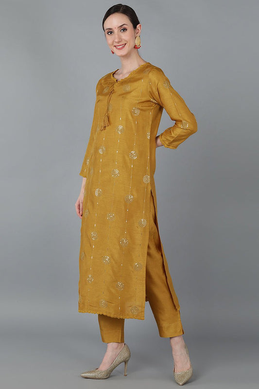 Ahika Mustard Silk Blend Ethnic Motifs Straight Suit Set