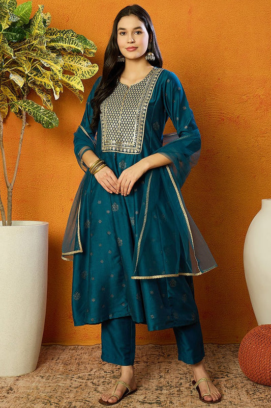 Ahika Teal Silk Blend Woven Design Anarkali Suit Set