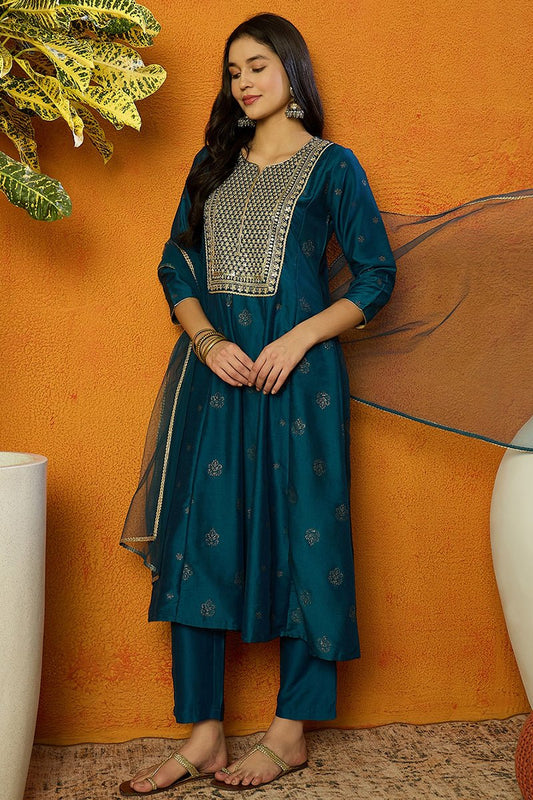 Ahika Teal Silk Blend Woven Design Anarkali Suit Set