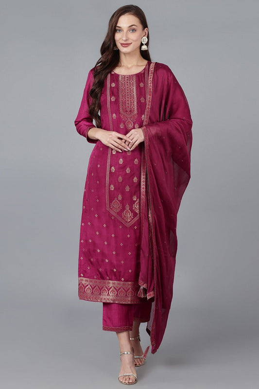 Ahika Red Viscose Rayon Solid Straight Kurta Trousers With Dupatta