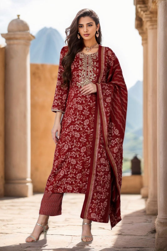 Ahika Maroon Silk Blend Floral Straight Kurta Trousers With Dupatta