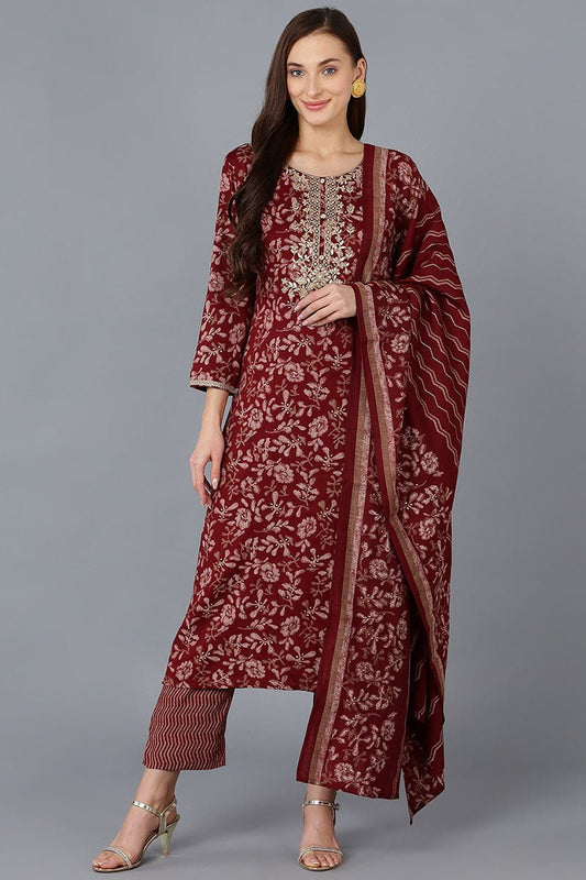 Ahika Maroon Silk Blend Floral Straight Kurta Trousers With Dupatta