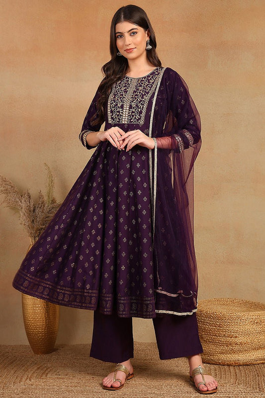Ahika Purple Silk Blend Anarkali Kurta Pant With Dupatta