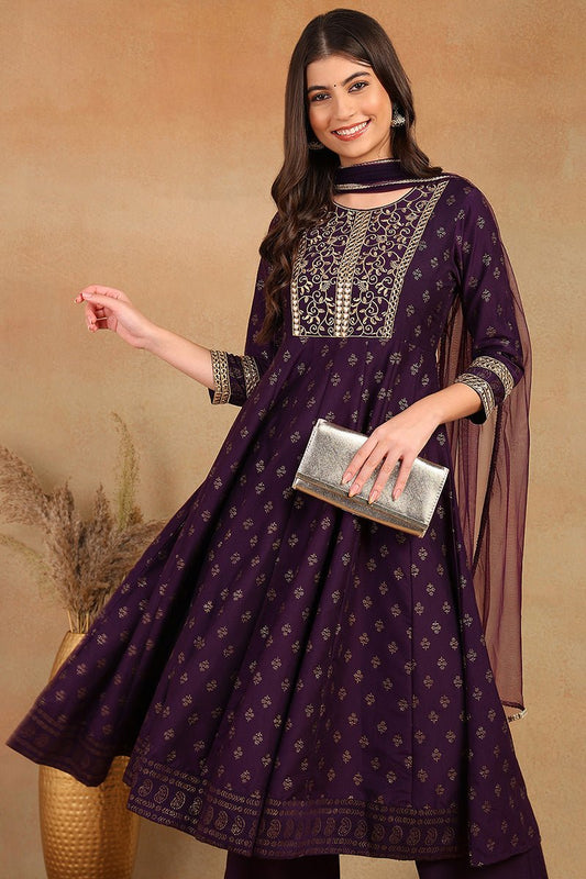 Ahika Purple Silk Blend Anarkali Kurta Pant With Dupatta