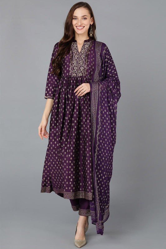 Women's Purple Silk Blend Anarkali Kurta Pant With Dupatta - Rasiya - Grab2buy