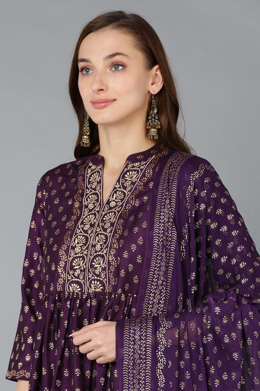 Women's Purple Silk Blend Anarkali Kurta Pant With Dupatta - Rasiya - Grab2buy