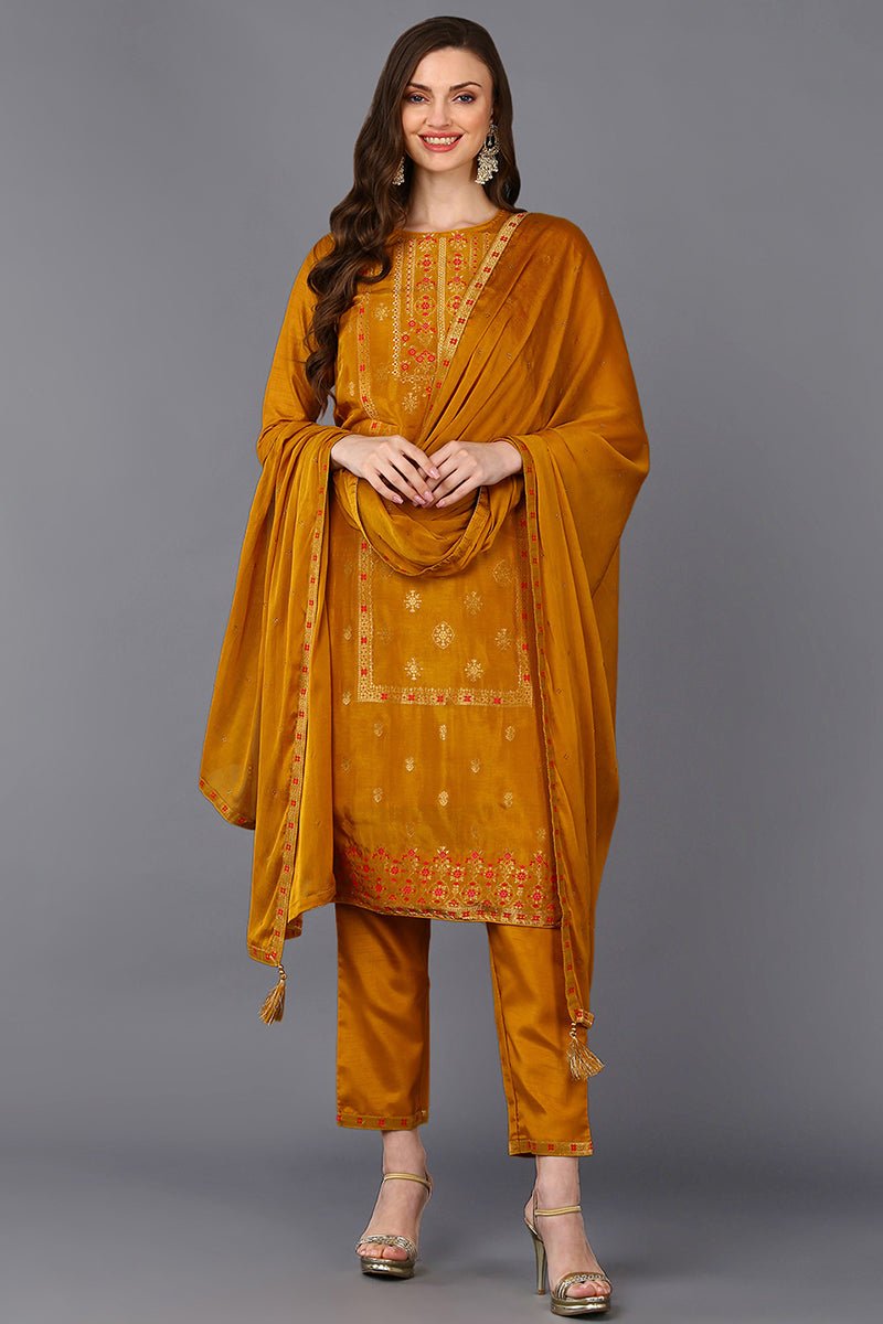 Ahika Silk Blend Mustard Embroidered Straight Suit Set | Grab2Buy