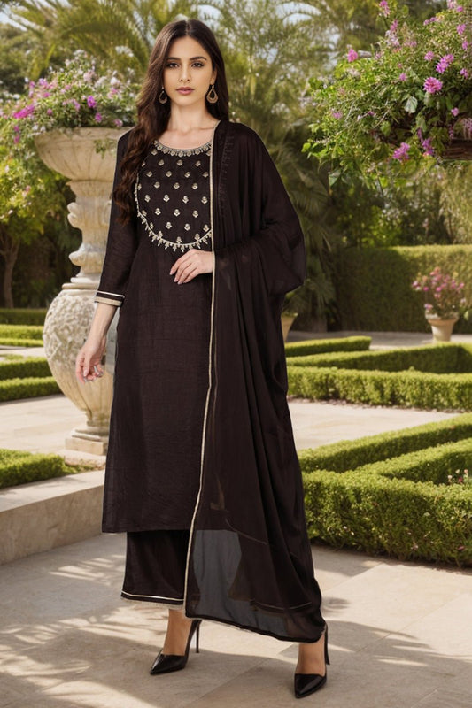 Ahika Silk Blend Black Embroidered Straight Kurta Pant With Dupatta