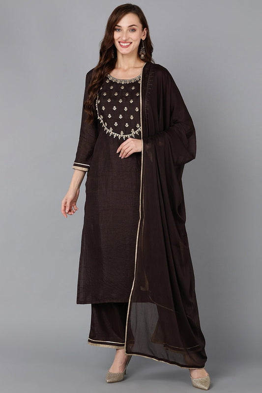 Ahika Silk Blend Black Embroidered Straight Kurta Pant With Dupatta