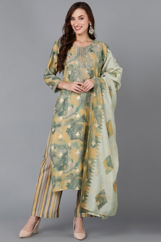 Ahika Yellow Silk Blend Straight Kurta Palazzo With Dupatta