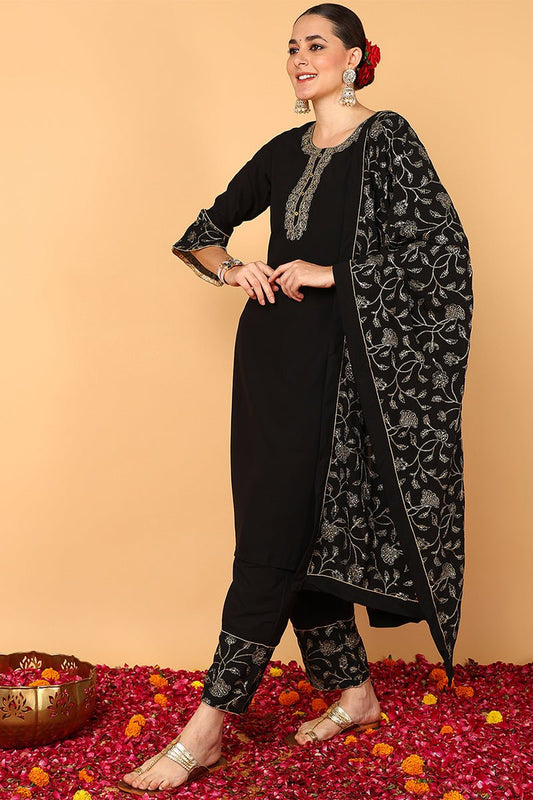 Ahika Black Poly Georgette Solid Embroidered Straight Suit Set