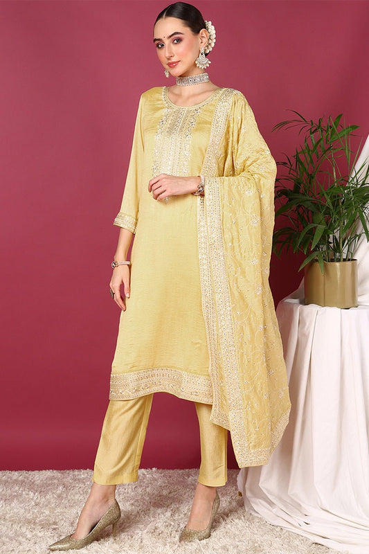 Ahika Yellow Silk Blend Straight Kurta Pant With Dupatta