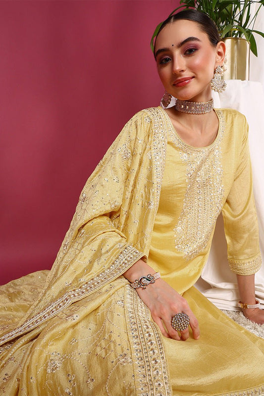Ahika Yellow Silk Blend Straight Kurta Pant With Dupatta