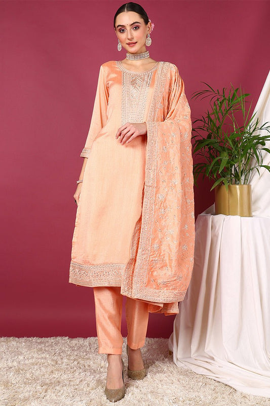 Ahika Peach Silk Blend Straight Kurta Pant With Dupatta