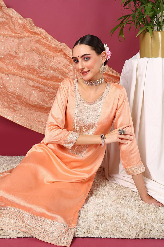 Ahika Peach Silk Blend Straight Kurta Pant With Dupatta