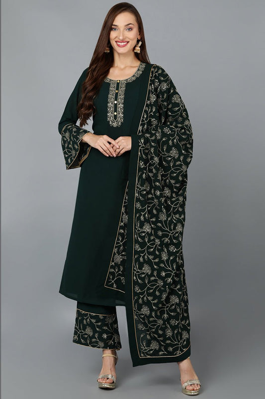 Ahika Green Poly Georgette Straight Kurta Palazzo With Dupatta