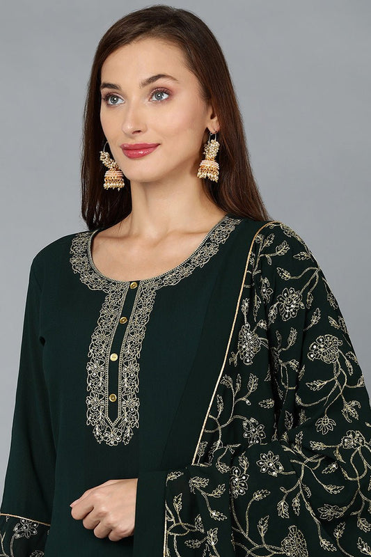 Ahika Green Poly Georgette Straight Kurta Palazzo With Dupatta
