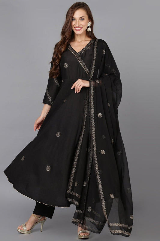 Ahika Black Silk Blend Ethnic Motifs Straight Suit Set
