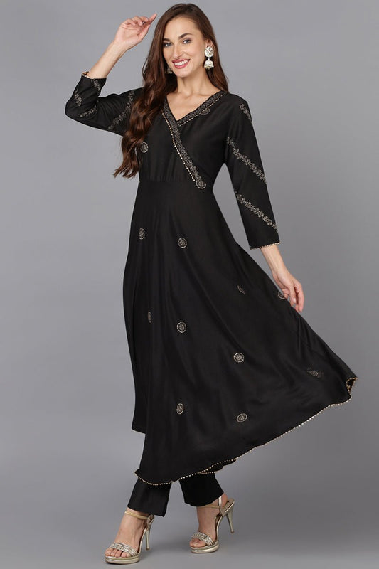 Ahika Black Silk Blend Ethnic Motifs Straight Suit Set