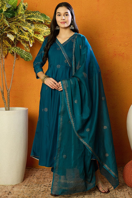 Ahika Teal Silk Blend Anarkali Woven Design Kurta Pant With Dupatta
