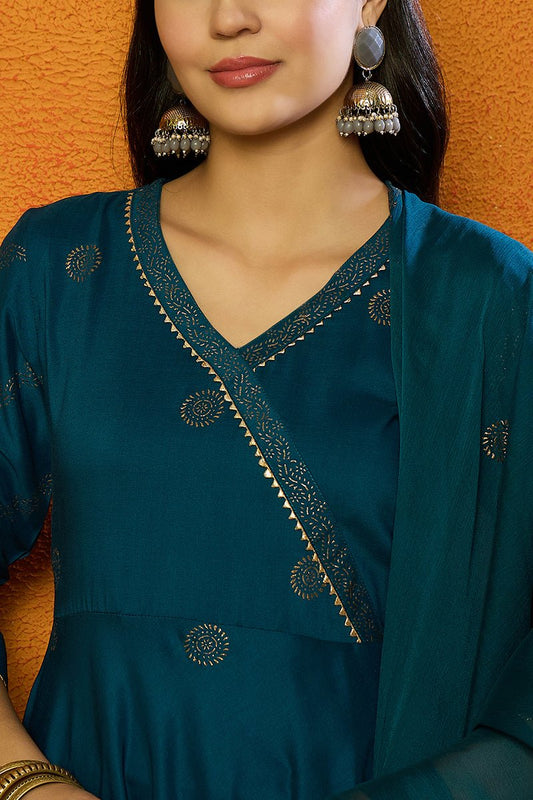 Ahika Teal Silk Blend Anarkali Woven Design Kurta Pant With Dupatta