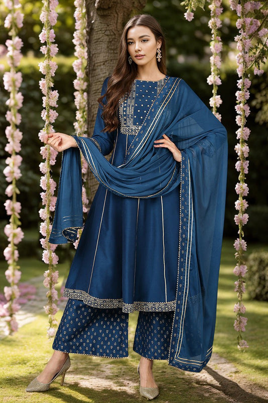 Ahika Teal Blue Silk Blend Ethnic Motifs Anarkali Suit Set