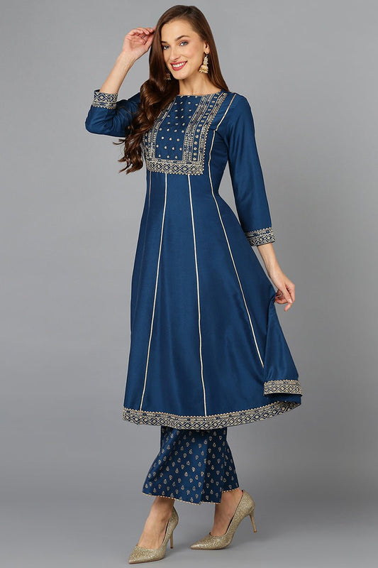 Ahika Teal Blue Silk Blend Ethnic Motifs Anarkali Suit Set