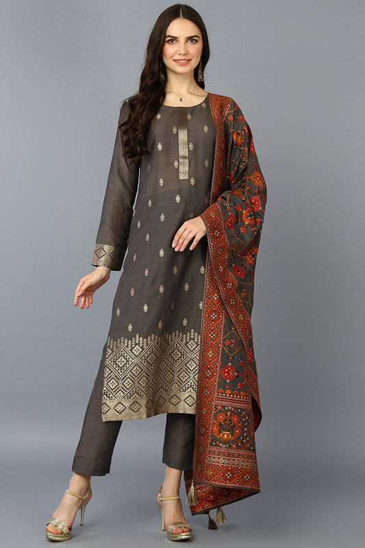 Ahika Grey Silk Blend Ethnic Motifs Straight Suit Set