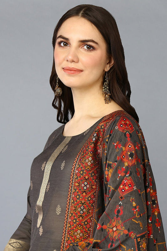 Ahika Grey Silk Blend Ethnic Motifs Straight Suit Set