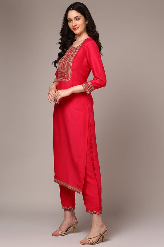 Ahika Pink Silk Blend Yoke Design Straight Suit Set