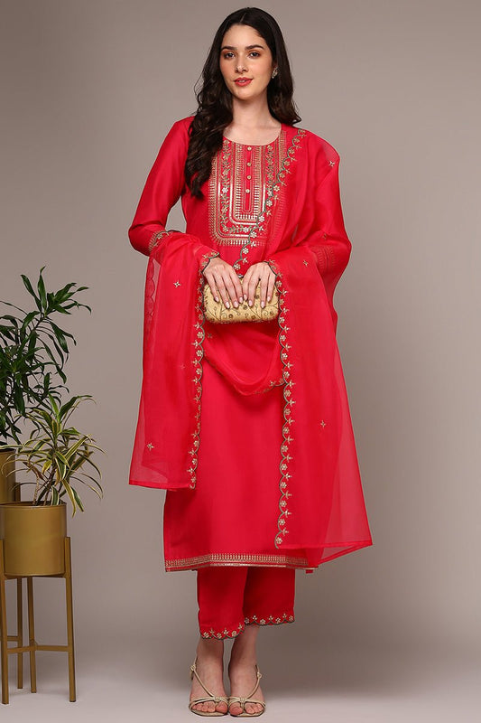 Ahika Pink Silk Blend Yoke Design Straight Suit Set