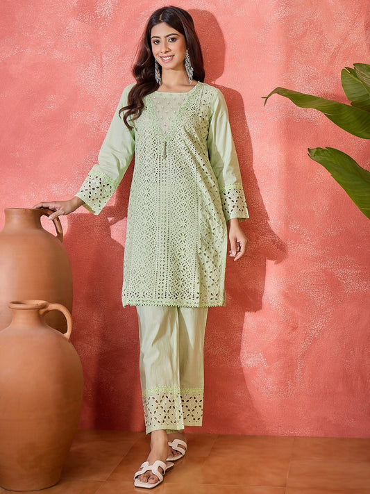 Joban Fashion Embroidery Green Pure Cotton Cord Set