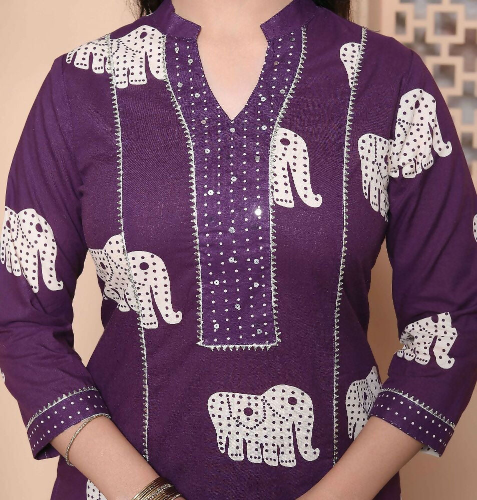 Miravan Womens Purple Cotton Animal Print Kurta With Palazzo And Dupatta