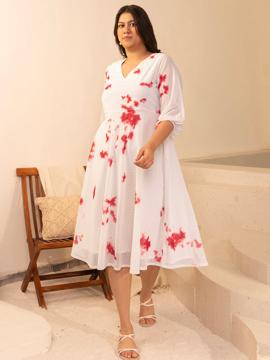 Janasya Off White Dobby Georgette Tie & Dye Fit & Flare Dress 