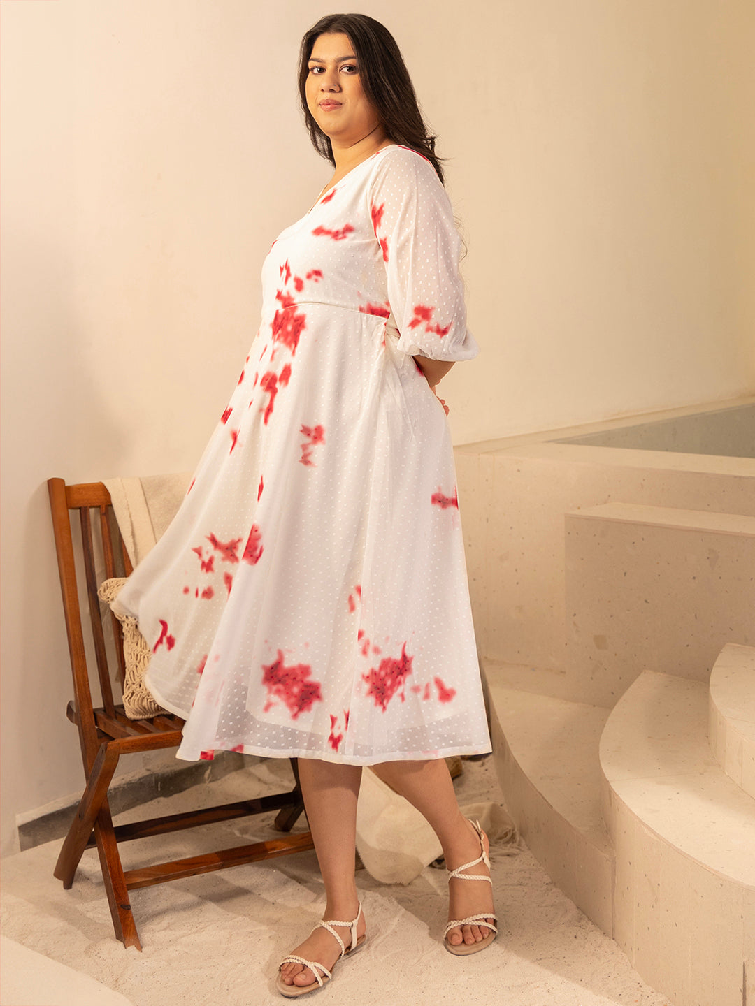 Janasya Off White Dobby Georgette Tie & Dye Fit & Flare Dress 