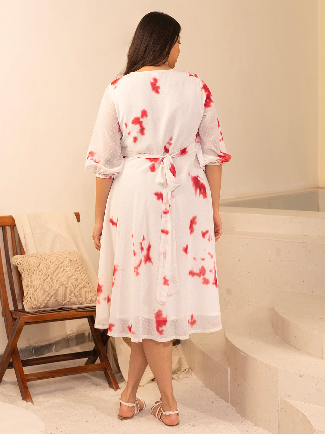 Janasya Off White Dobby Georgette Tie & Dye Fit & Flare Dress 
