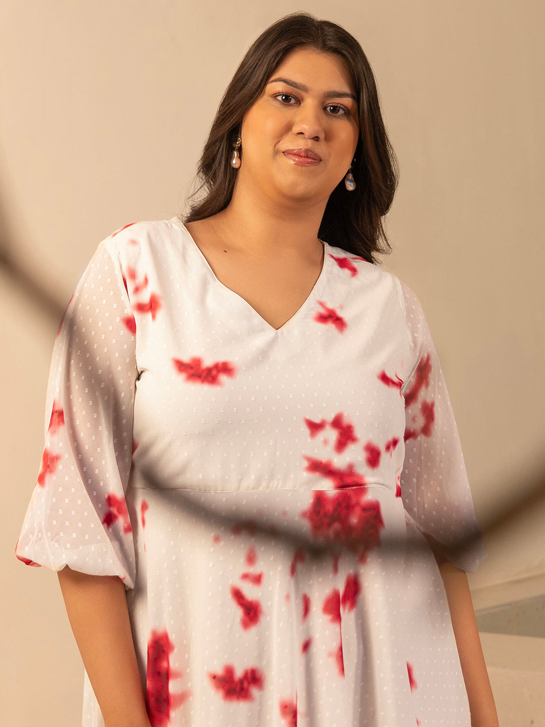 Janasya Off White Dobby Georgette Tie & Dye Fit & Flare Dress 