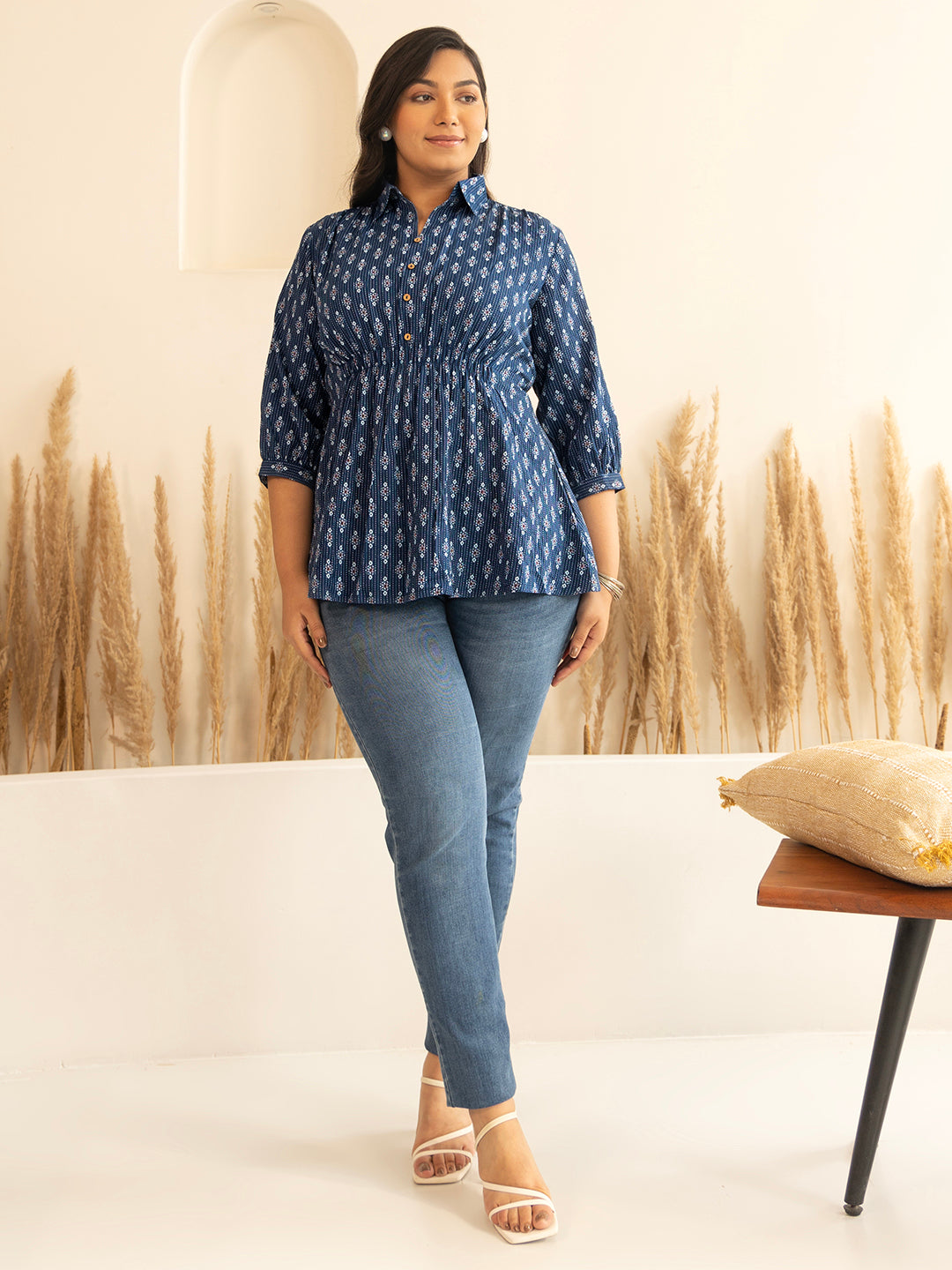Janasya Dark Blue Cotton Ethnic Motifs A-Line Top 