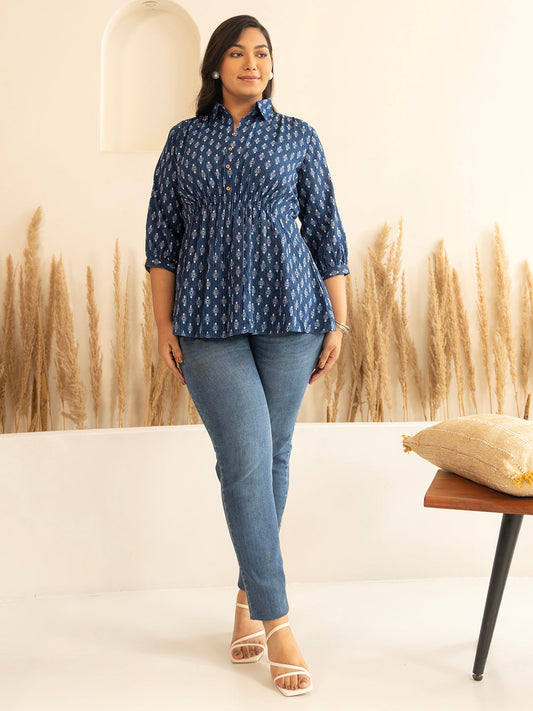 Janasya Dark Blue Cotton Ethnic Motifs A-Line Top 