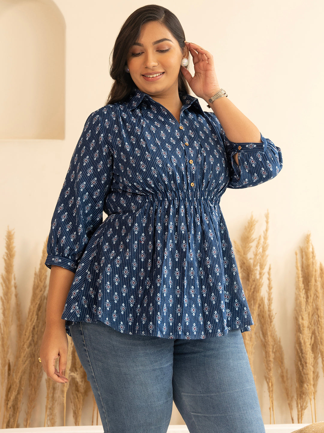 Janasya Dark Blue Cotton Ethnic Motifs A-Line Top 